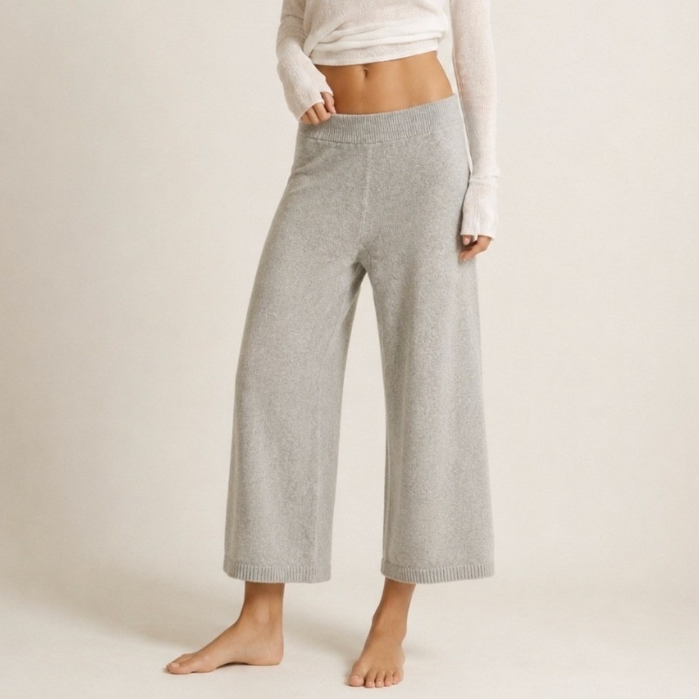 Rib Knit Chunky Sweater Pants Wide Leg Stretchy‎ Gray Medium Boho Lounge Minimal